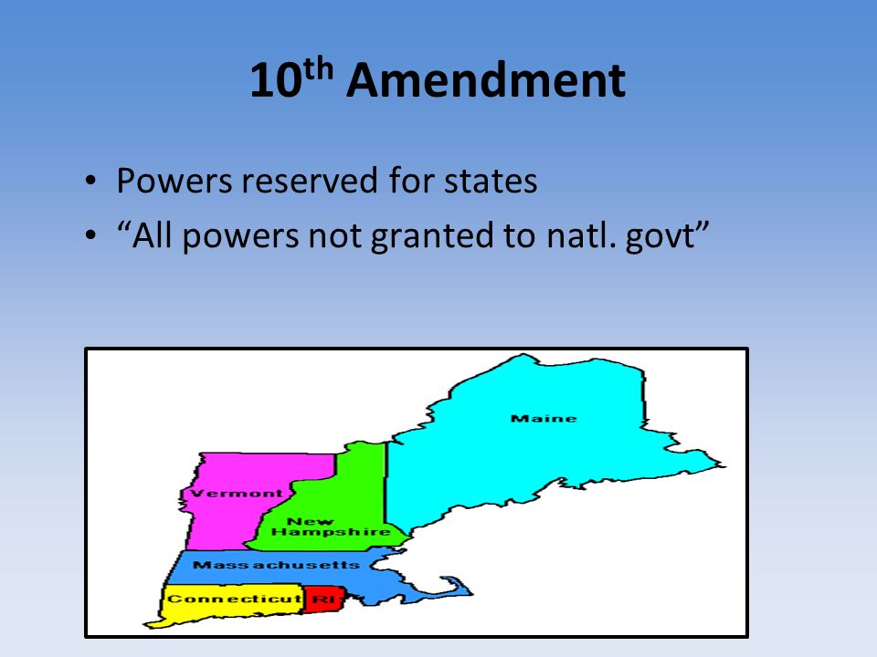 10 th Amendment Powers reserved for states All powers not granted to natl. govt