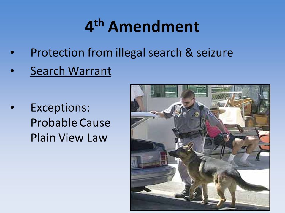 4 th Amendment Protection from illegal search & seizure Search Warrant Exceptions: Probable Cause Plain View Law