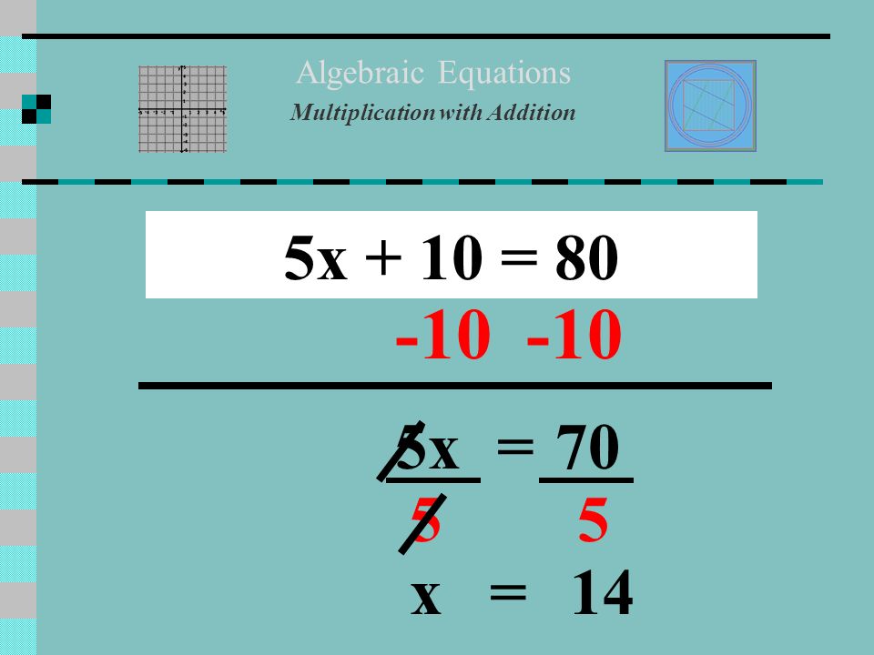 Algebraic Equations Multiplication with Subtraction 2x – 4 = x=12 22 x=6