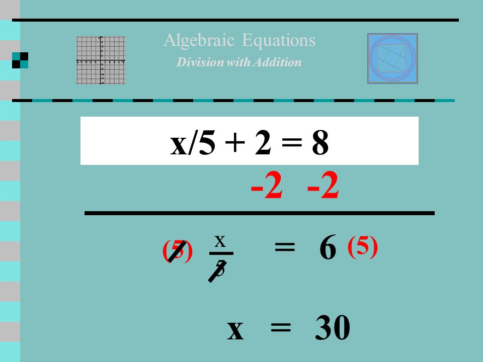 Algebraic Equations Multiplication with Addition 2/3x + 2 = 8 -2 x=6 x=18/2 = (HINT) Reciprocal