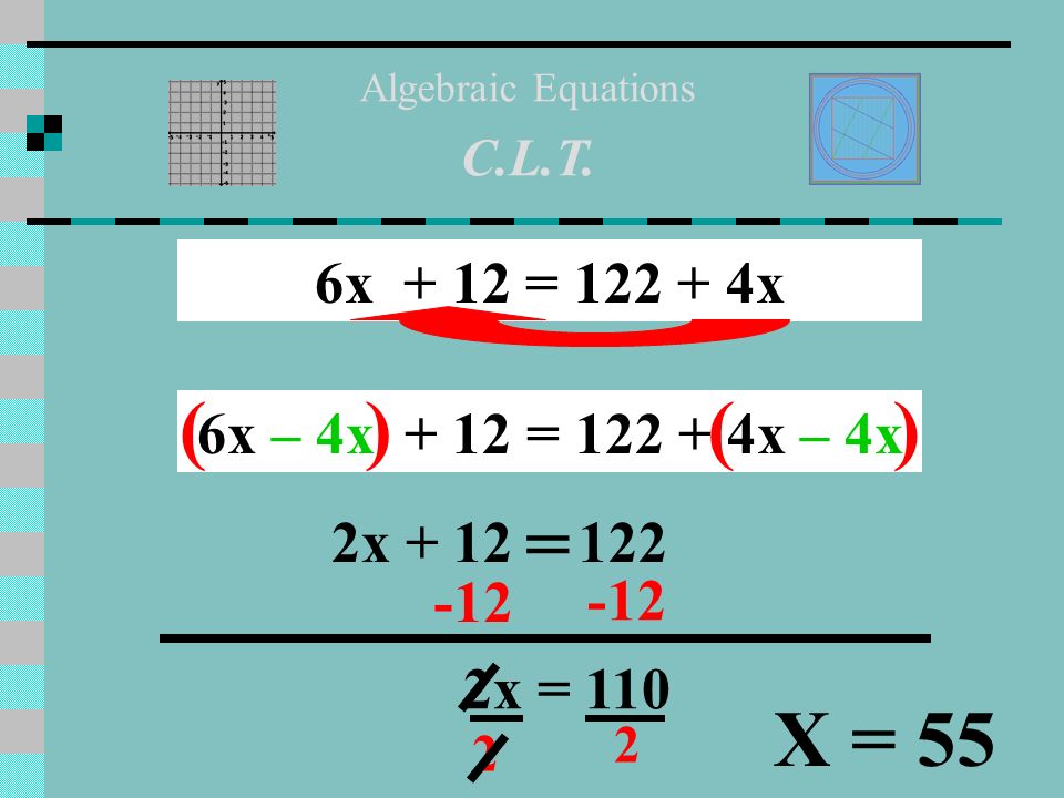 Algebraic Equations C.L.T x = x + 2x = 92 5x + 12 = 92 5 x = 16 ( ) ( )