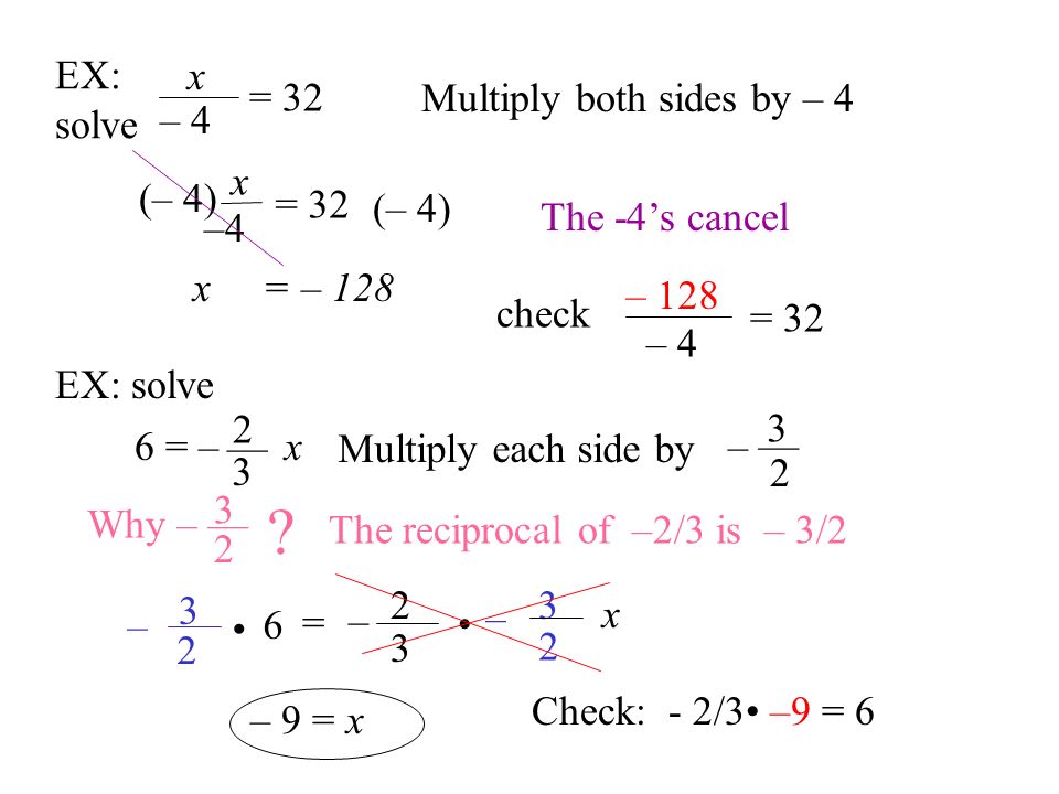 EX: solve x = 32 – 4 Multiply both sides by – 4 (– 4) x –4 = 32 The -4’s cancel x = – 128 check – 128 – 4 = 32 (– 4) EX: solve 6 = – 2 — 3 x Multiply each side by – 3 — 2 Why 3 – — 2 .