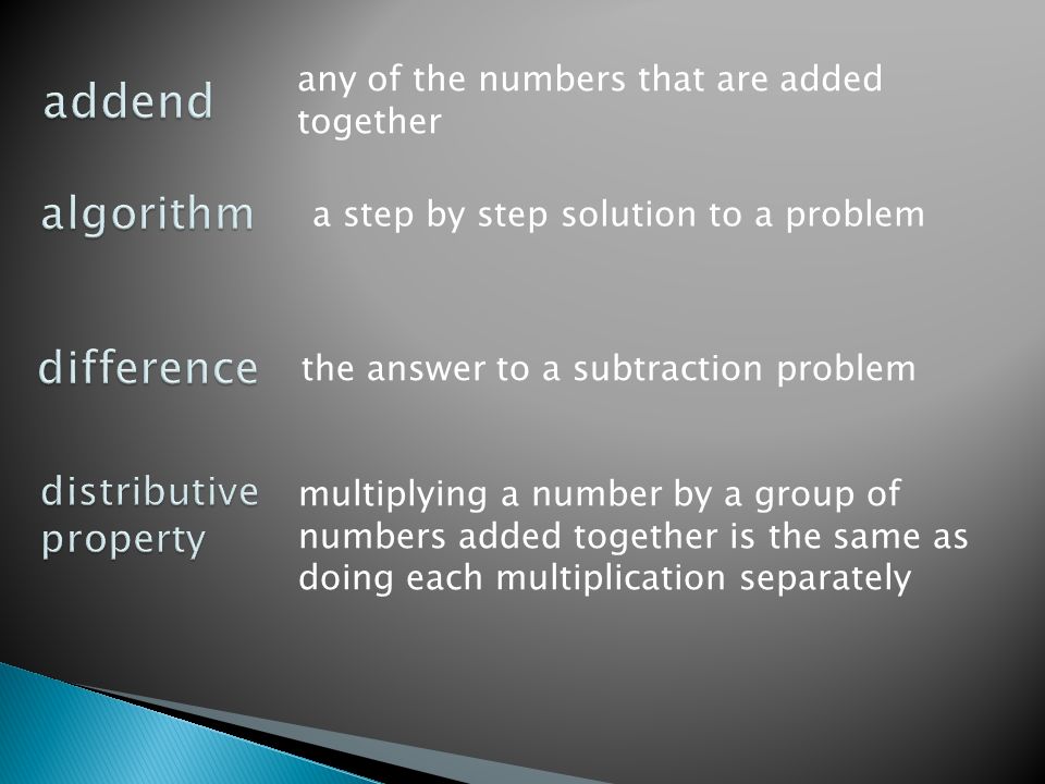 any of the numbers that are added together a step by step solution to a problem the answer to a subtraction problem multiplying a number by a group of numbers added together is the same as doing each multiplication separately