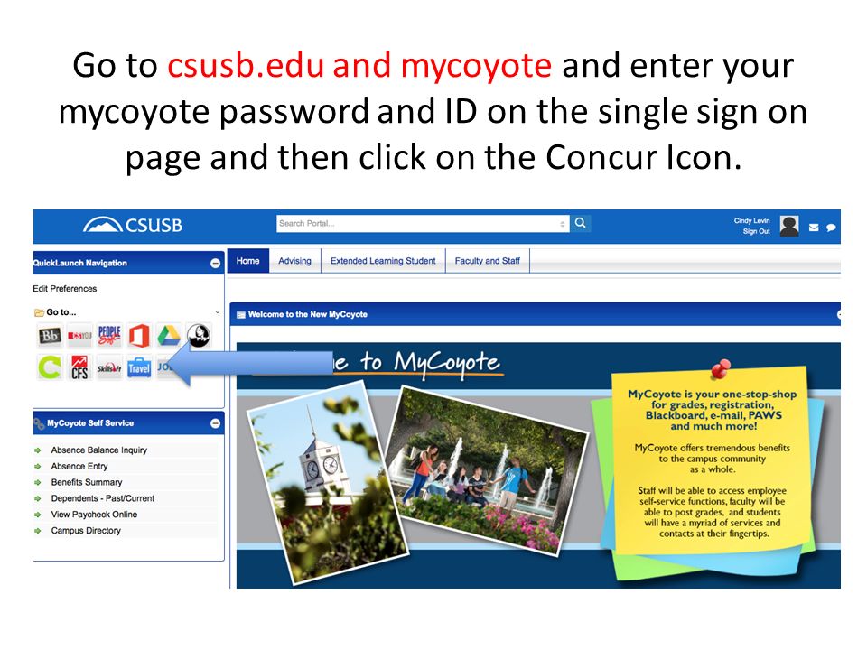 Go to csusb.edu and mycoyote and enter your mycoyote password and ID on the single sign on page and then click on the Concur Icon.