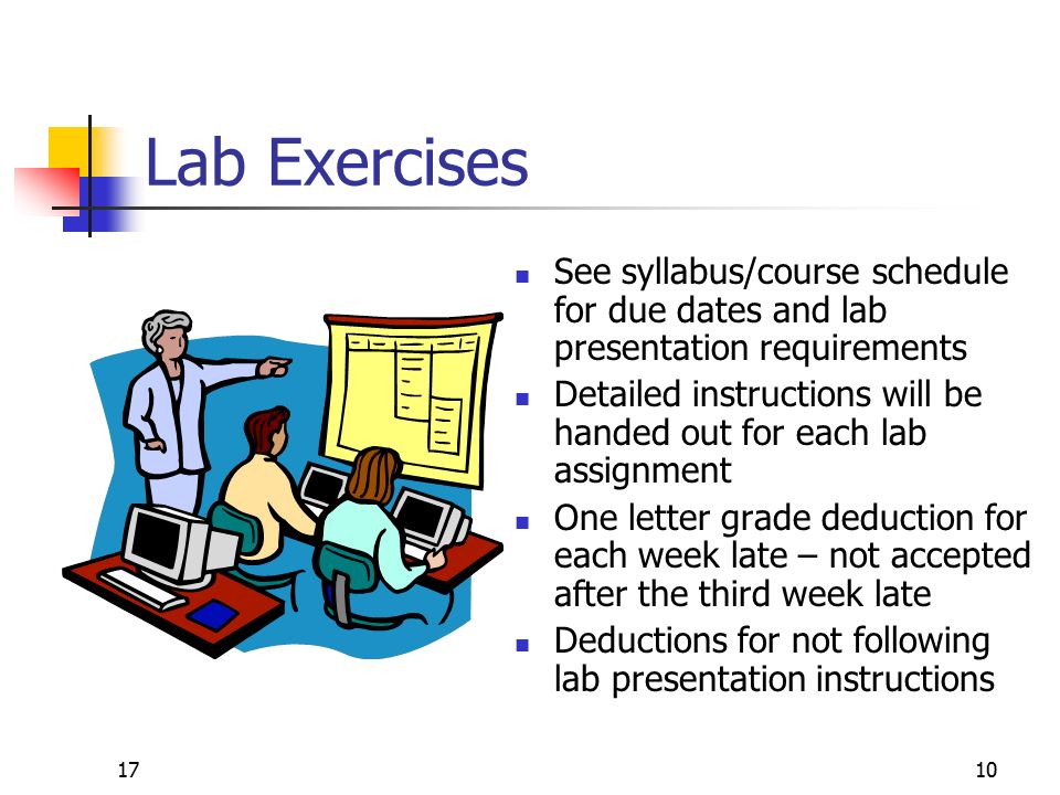 1710 Lab Exercises See syllabus/course schedule for due dates and lab presentation requirements Detailed instructions will be handed out for each lab assignment One letter grade deduction for each week late – not accepted after the third week late Deductions for not following lab presentation instructions