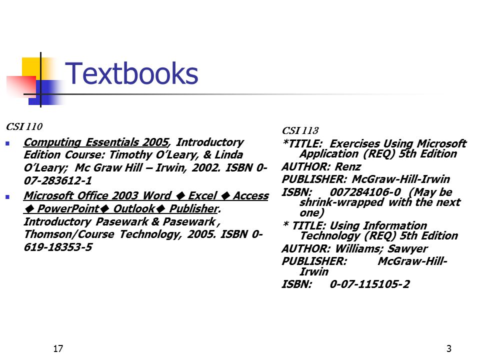 173 Textbooks CSI 113 *TITLE:Exercises Using Microsoft Application (REQ) 5th Edition AUTHOR: Renz PUBLISHER: McGraw-Hill-Irwin ISBN: (May be shrink-wrapped with the next one) * TITLE: Using Information Technology (REQ) 5th Edition AUTHOR: Williams; Sawyer PUBLISHER:McGraw-Hill- Irwin ISBN: CSI 110 Computing Essentials 2005, Introductory Edition Course: Timothy O’Leary, & Linda O’Leary; Mc Graw Hill – Irwin, 2002.