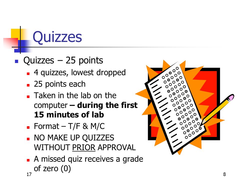 178 Quizzes Quizzes – 25 points 4 quizzes, lowest dropped 25 points each Taken in the lab on the computer – during the first 15 minutes of lab Format – T/F & M/C NO MAKE UP QUIZZES WITHOUT PRIOR APPROVAL A missed quiz receives a grade of zero (0)