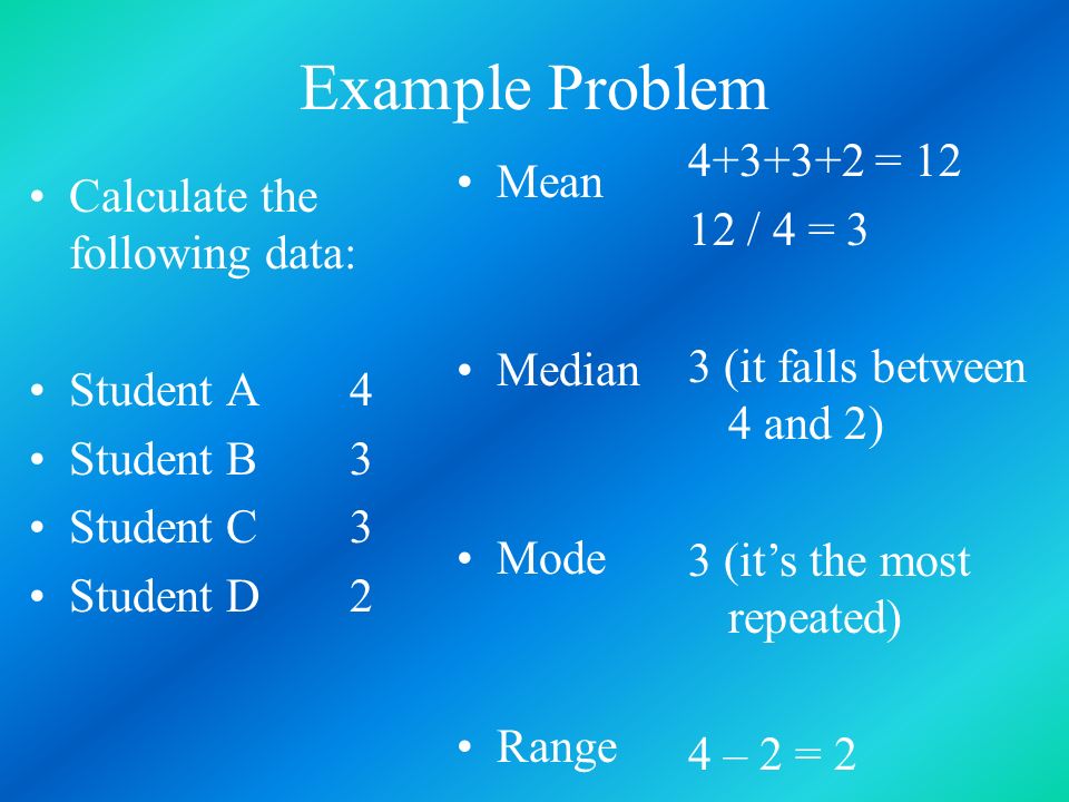 Example Problem Mean Median Mode Range Calculate the following data: Student A4 Student B3 Student C3 Student D = / 4 = 3 3 (it falls between 4 and 2) 3 (it’s the most repeated) 4 – 2 = 2