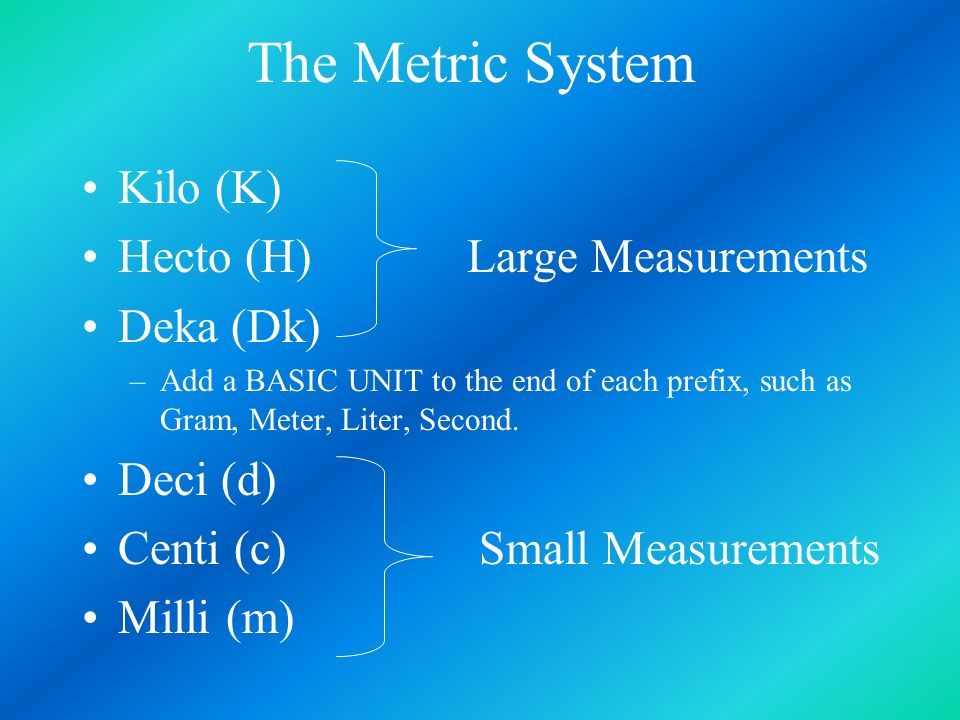 The Metric System Kilo (K) Hecto (H) Large Measurements Deka (Dk) –Add a BASIC UNIT to the end of each prefix, such as Gram, Meter, Liter, Second.