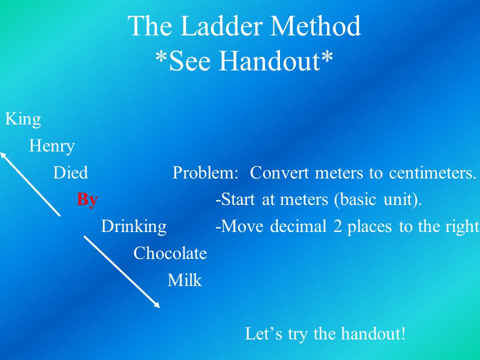 The Ladder Method *See Handout* King Henry Died Problem: Convert meters to centimeters.
