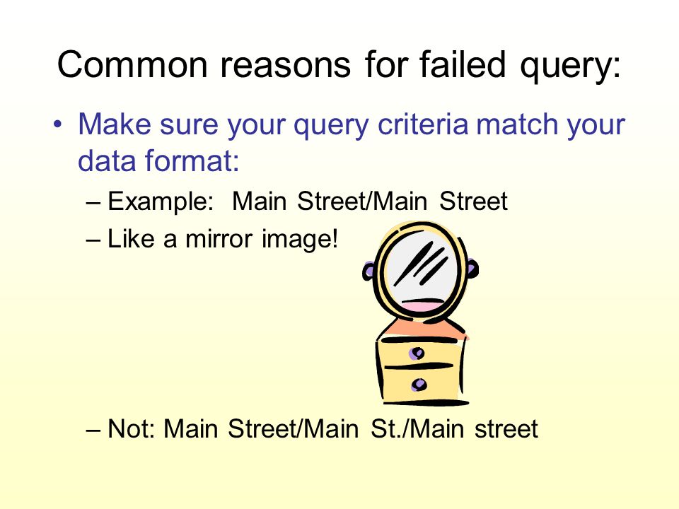 Common reasons for failed query: Make sure your query criteria match your data format: –Example: Main Street/Main Street –Like a mirror image.