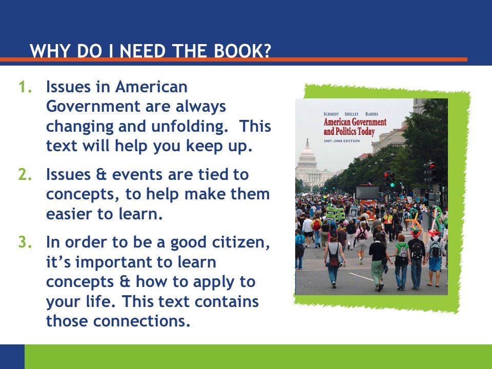 WHY DO I NEED THE BOOK. 1.Issues in American Government are always changing and unfolding.