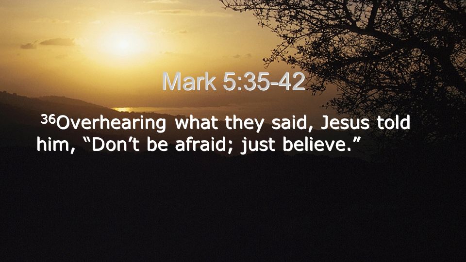 Mark 5: Overhearing what they said, Jesus told him, Don’t be afraid; just believe.