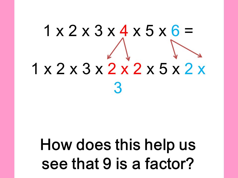1 x 2 x 3 x 4 x 5 x 6 = 1 x 2 x 3 x 2 x 2 x 5 x 2 x 3 How does this help us see that 9 is a factor