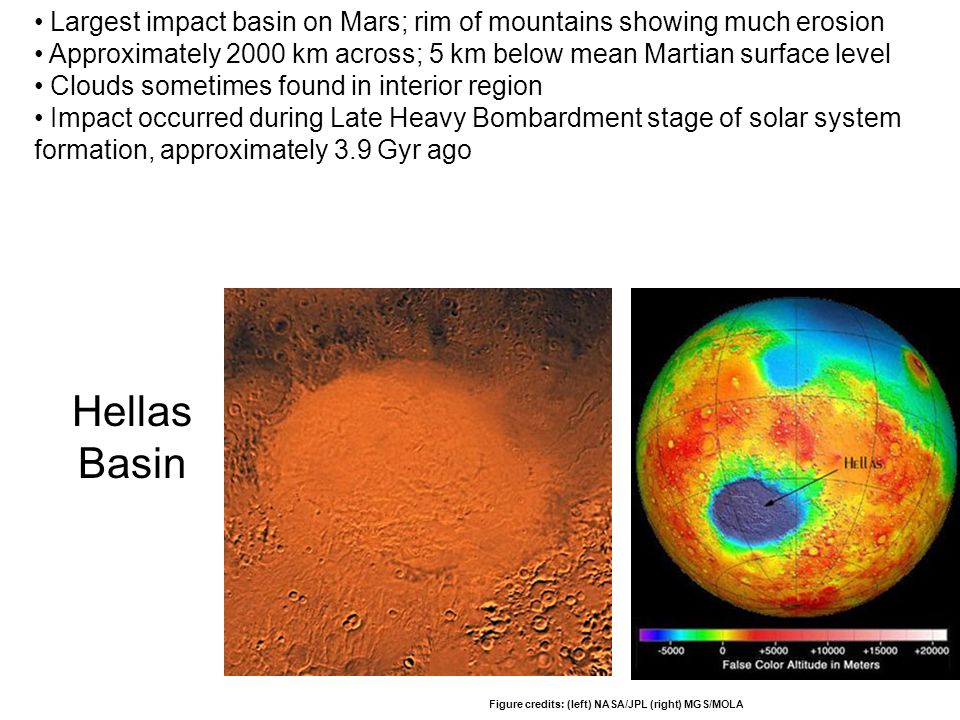 66 Largest impact basin on Mars; rim of mountains showing much erosion Approximately 2000 km across; 5 km below mean Martian surface level Clouds sometimes found in interior region Impact occurred during Late Heavy Bombardment stage of solar system formation, approximately 3.9 Gyr ago Figure credits: (left) NASA/JPL (right) MGS/MOLA Hellas Basin