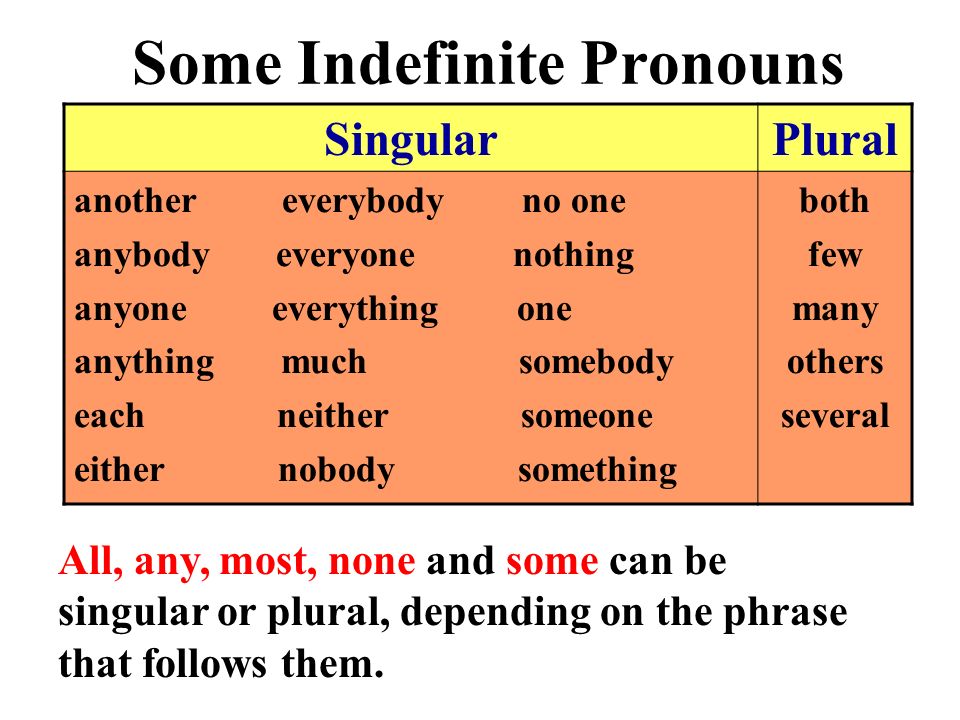 Some Indefinite Pronouns SingularPlural another everybody no one anybody everyone nothing anyone everything one anything much somebody each neither someone either nobody something both few many others several All, any, most, none and some can be singular or plural, depending on the phrase that follows them.