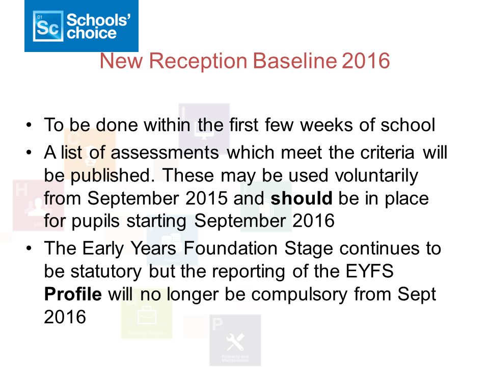 New Reception Baseline 2016 To be done within the first few weeks of school A list of assessments which meet the criteria will be published.