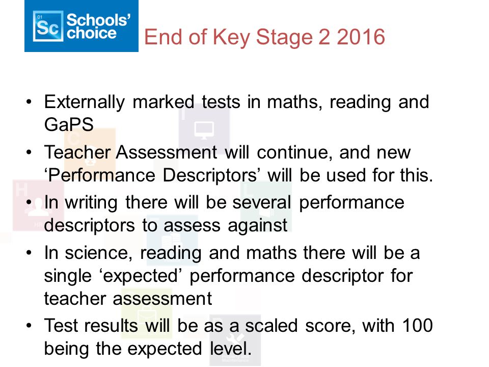 End of Key Stage Externally marked tests in maths, reading and GaPS Teacher Assessment will continue, and new ‘Performance Descriptors’ will be used for this.