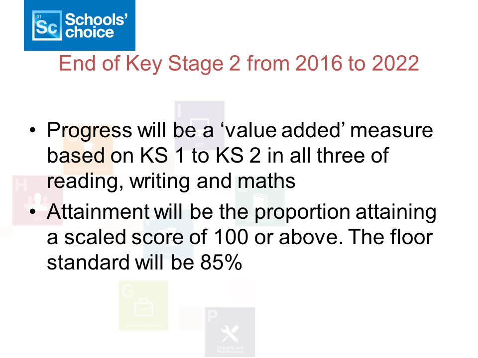 End of Key Stage 2 from 2016 to 2022 Progress will be a ‘value added’ measure based on KS 1 to KS 2 in all three of reading, writing and maths Attainment will be the proportion attaining a scaled score of 100 or above.
