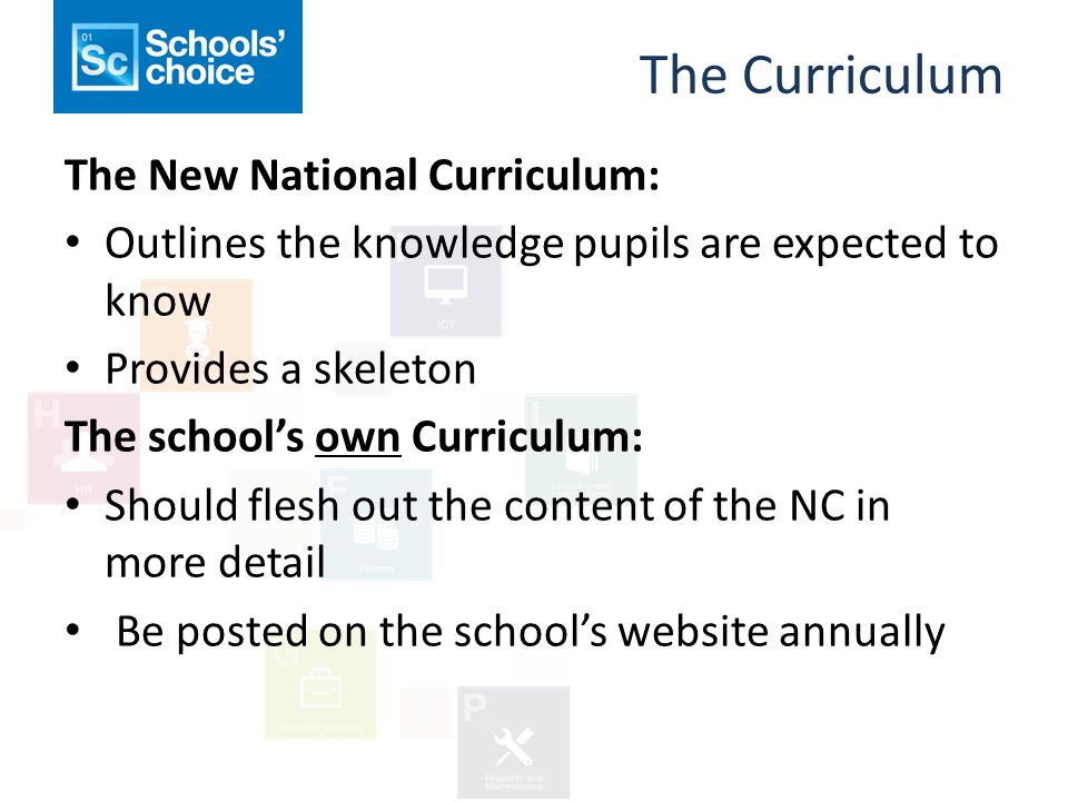 The Curriculum The New National Curriculum: Outlines the knowledge pupils are expected to know Provides a skeleton The school’s own Curriculum: Should flesh out the content of the NC in more detail Be posted on the school’s website annually