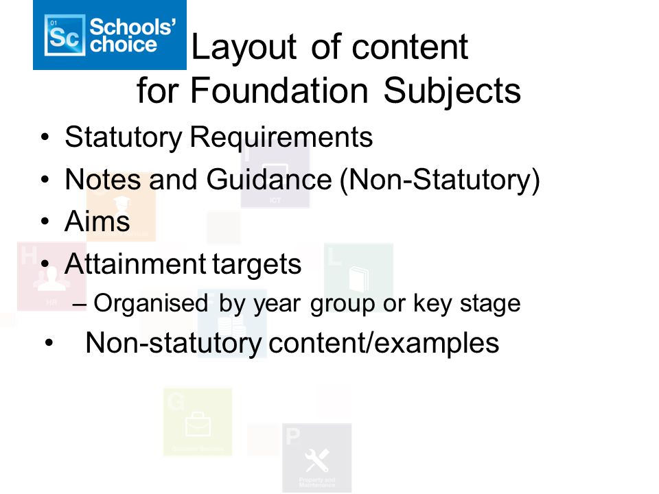 Layout of content for Foundation Subjects Statutory Requirements Notes and Guidance (Non-Statutory) Aims Attainment targets –Organised by year group or key stage Non-statutory content/examples