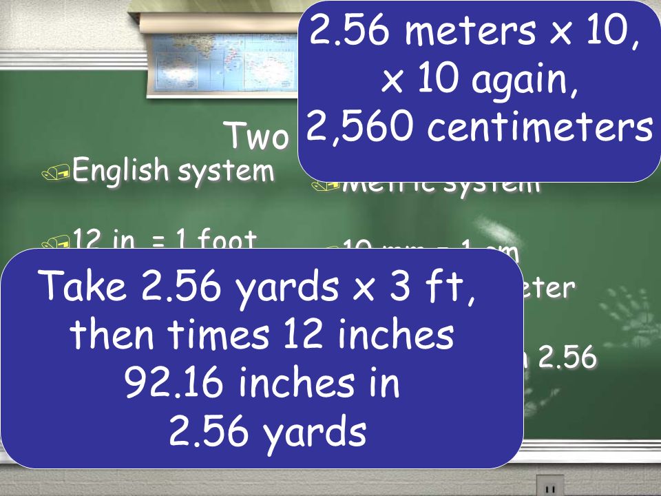 Two systems / English system / 12 in. = 1 foot / 3 ft.
