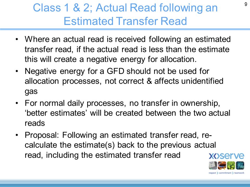 Class 1 & 2; Actual Read following an Estimated Transfer Read Where an actual read is received following an estimated transfer read, if the actual read is less than the estimate this will create a negative energy for allocation.