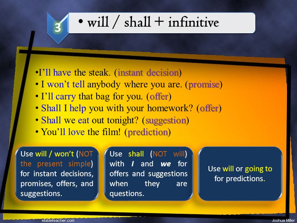 will / shall + infinitive instant decision I’ll have the steak.