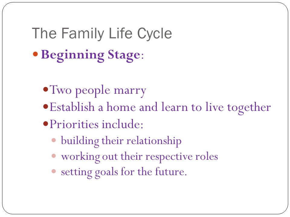 The Family Life Cycle Beginning Stage: Two people marry Establish a home and learn to live together Priorities include: building their relationship working out their respective roles setting goals for the future.