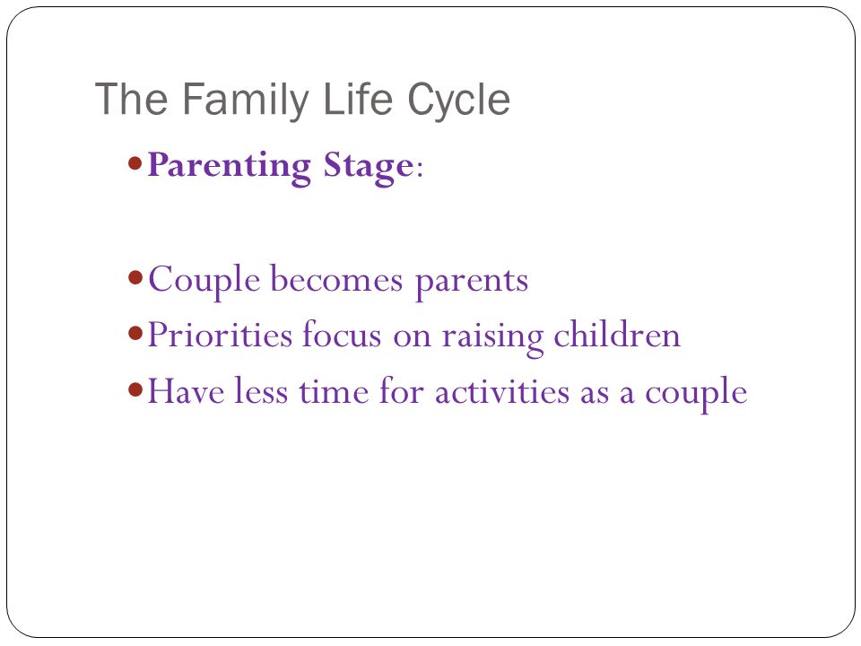 The Family Life Cycle Parenting Stage: Couple becomes parents Priorities focus on raising children Have less time for activities as a couple