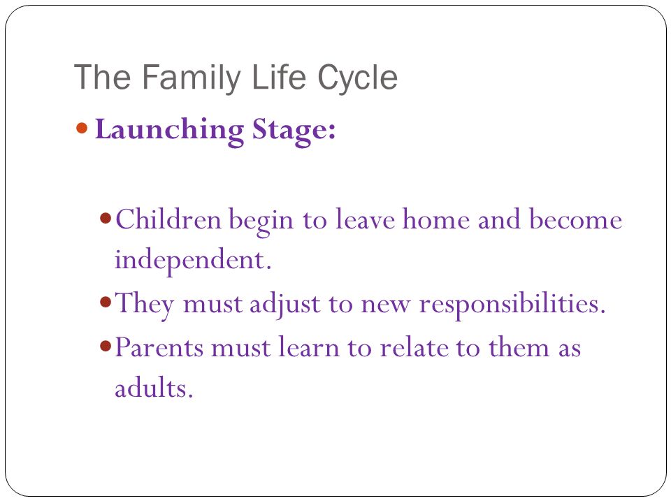 The Family Life Cycle Launching Stage: Children begin to leave home and become independent.