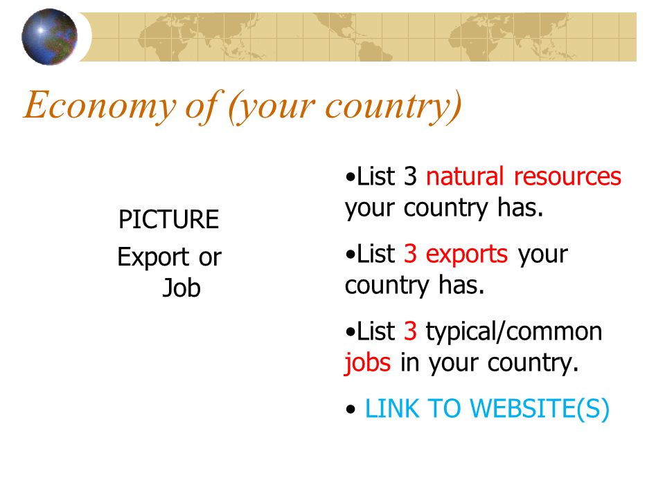 Economy of (your country) List 3 natural resources your country has.