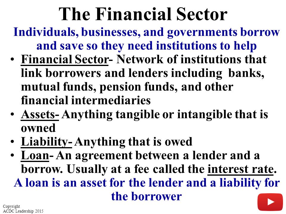The Financial Sector Individuals, businesses, and governments borrow and save so they need institutions to help Financial Sector- Network of institutions that link borrowers and lenders including banks, mutual funds, pension funds, and other financial intermediaries Assets- Anything tangible or intangible that is owned Liability- Anything that is owed Loan- An agreement between a lender and a borrow.