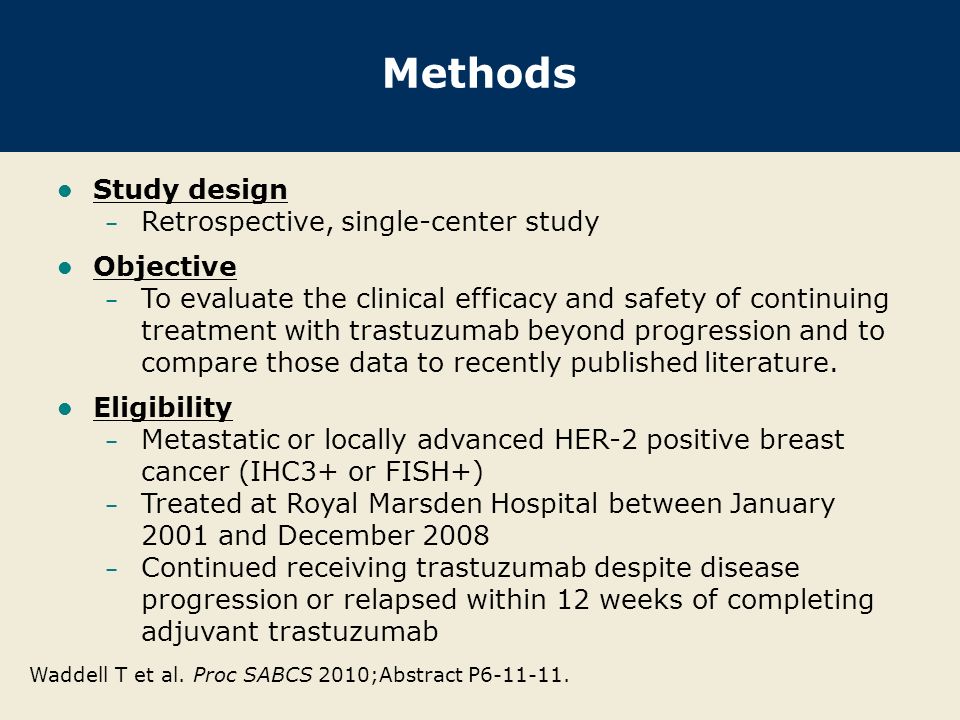 Methods Study design – Retrospective, single-center study Objective – To evaluate the clinical efficacy and safety of continuing treatment with trastuzumab beyond progression and to compare those data to recently published literature.