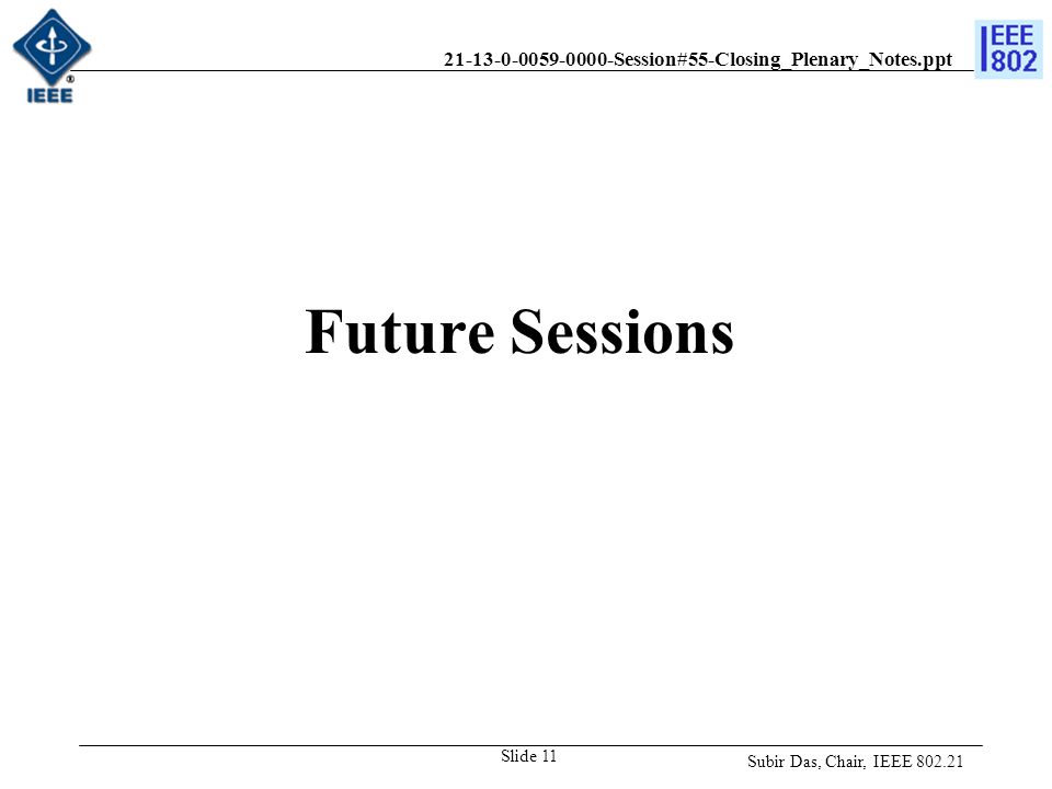 Session#55-Closing_Plenary_Notes.ppt Future Sessions Subir Das, Chair, IEEE Slide 11