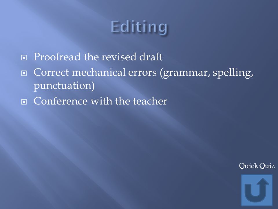  Proofread the revised draft  Correct mechanical errors (grammar, spelling, punctuation)  Conference with the teacher Quick Quiz