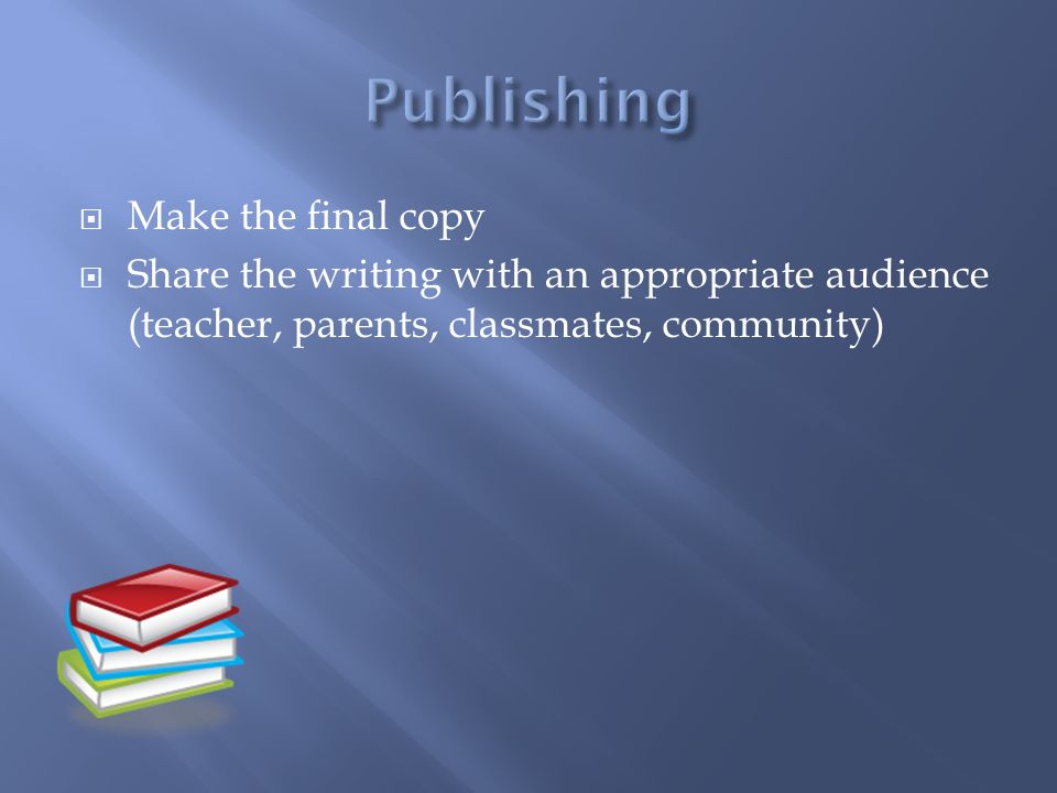  Make the final copy  Share the writing with an appropriate audience (teacher, parents, classmates, community)