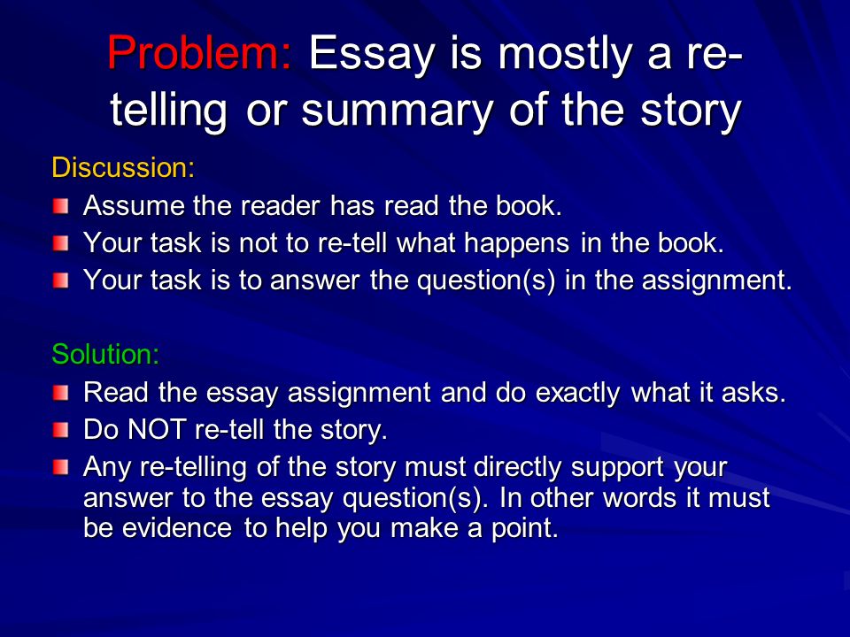 Problem: Essay is mostly a re- telling or summary of the story Discussion: Assume the reader has read the book.