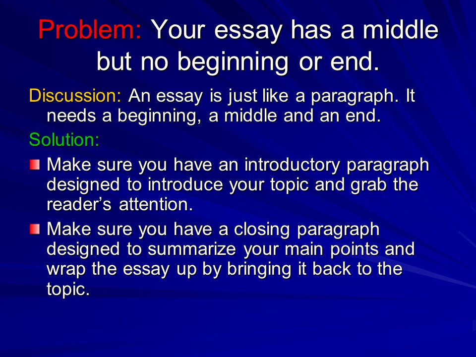 Problem: Your essay has a middle but no beginning or end.