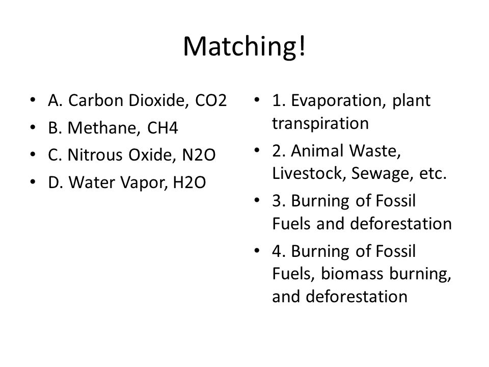 Matching. A. Carbon Dioxide, CO2 B. Methane, CH4 C.