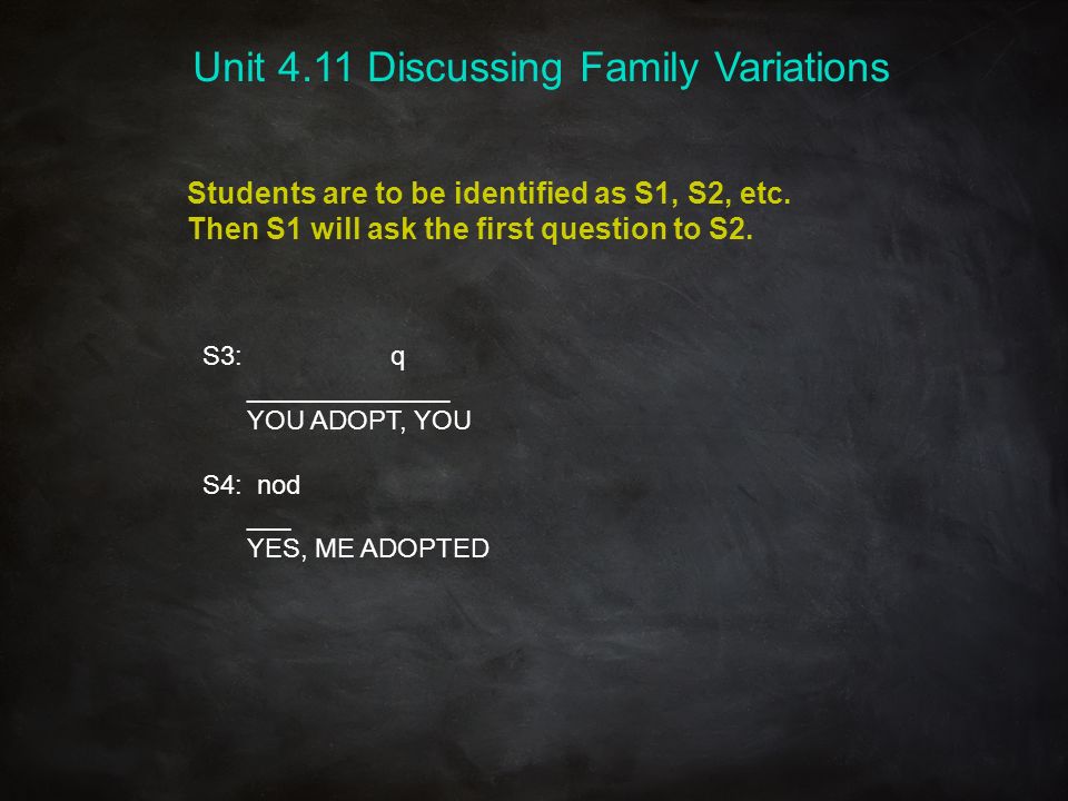 S3: q ______________ YOU ADOPT, YOU S4: nod ___ YES, ME ADOPTED Students are to be identified as S1, S2, etc.