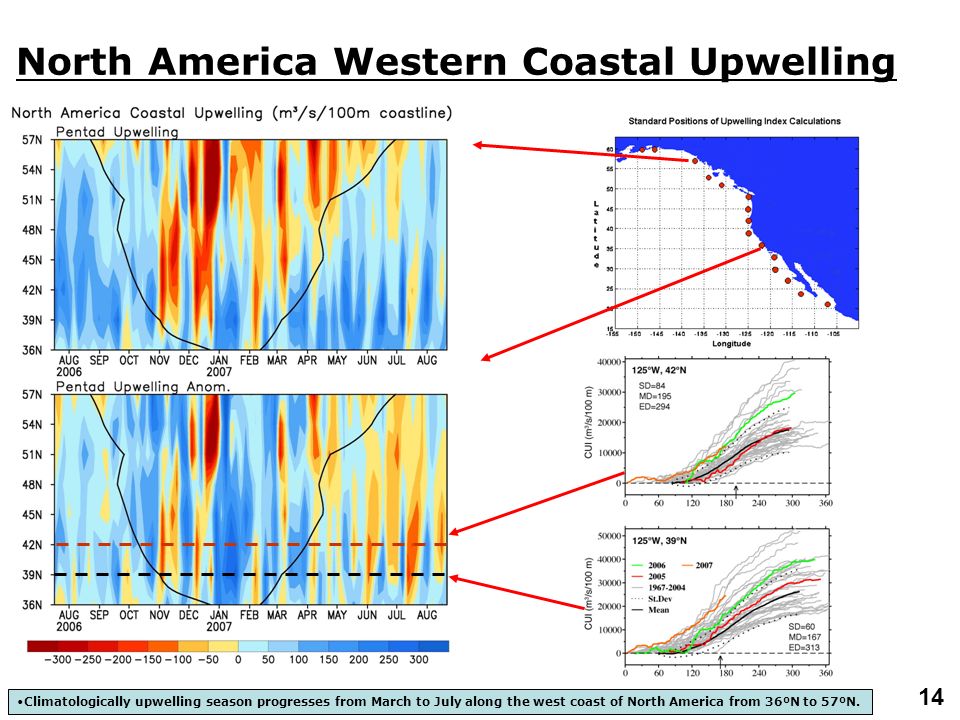 14 North America Western Coastal Upwelling Climatologically upwelling season progresses from March to July along the west coast of North America from 36ºN to 57ºN.