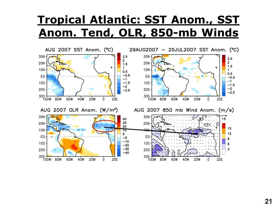 21 Tropical Atlantic: SST Anom., SST Anom. Tend, OLR, 850-mb Winds
