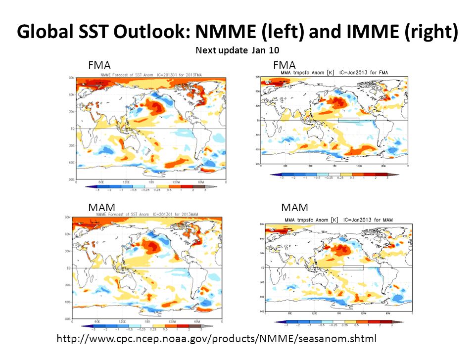 Global SST Outlook: NMME (left) and IMME (right) Next update Jan 10 FMA MAM