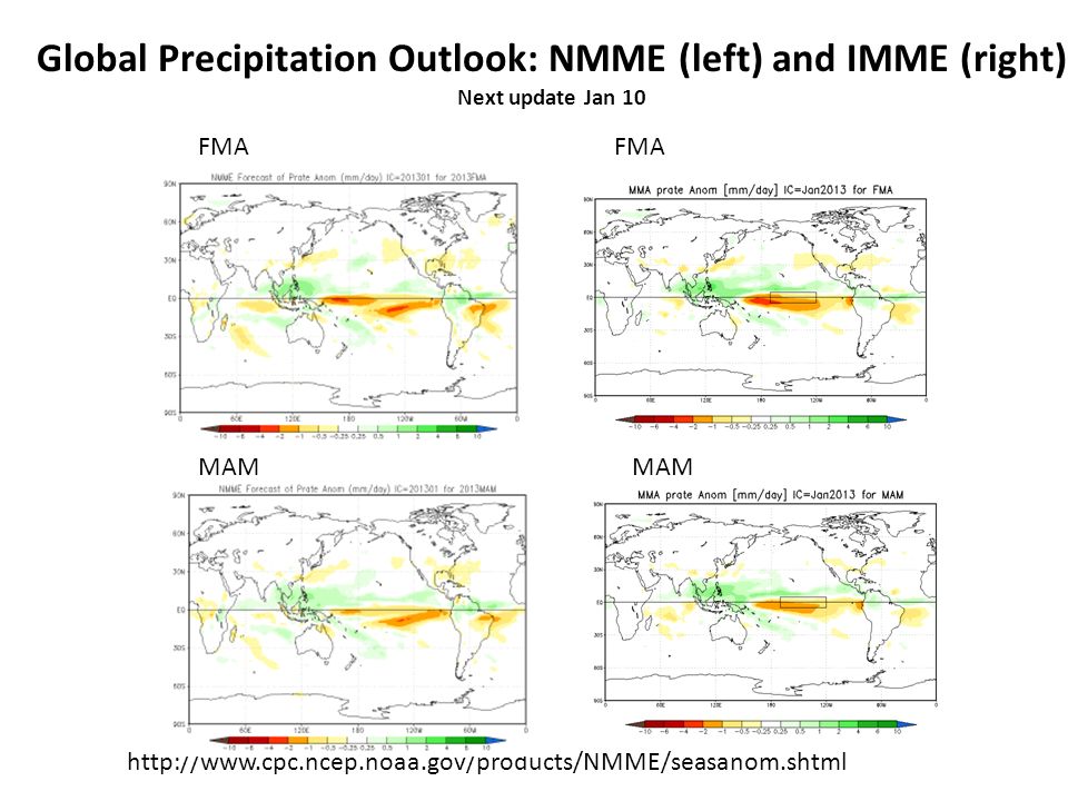 FMA MAM   Global Precipitation Outlook: NMME (left) and IMME (right) Next update Jan 10
