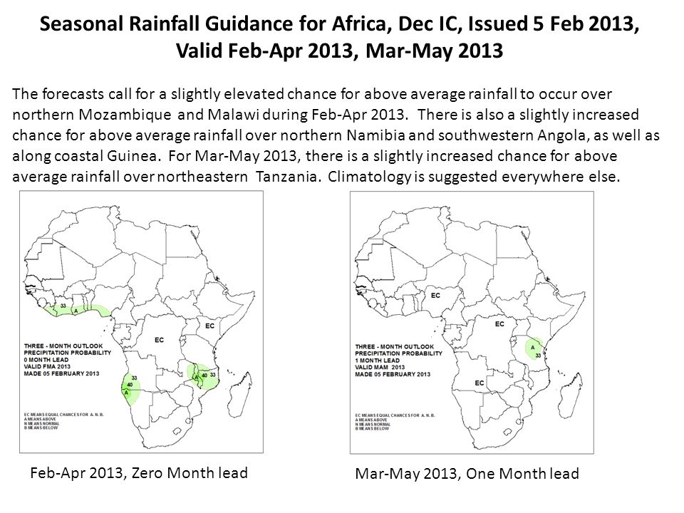 Seasonal Rainfall Guidance for Africa, Dec IC, Issued 5 Feb 2013, Valid Feb-Apr 2013, Mar-May 2013 Feb-Apr 2013, Zero Month lead The forecasts call for a slightly elevated chance for above average rainfall to occur over northern Mozambique and Malawi during Feb-Apr 2013.