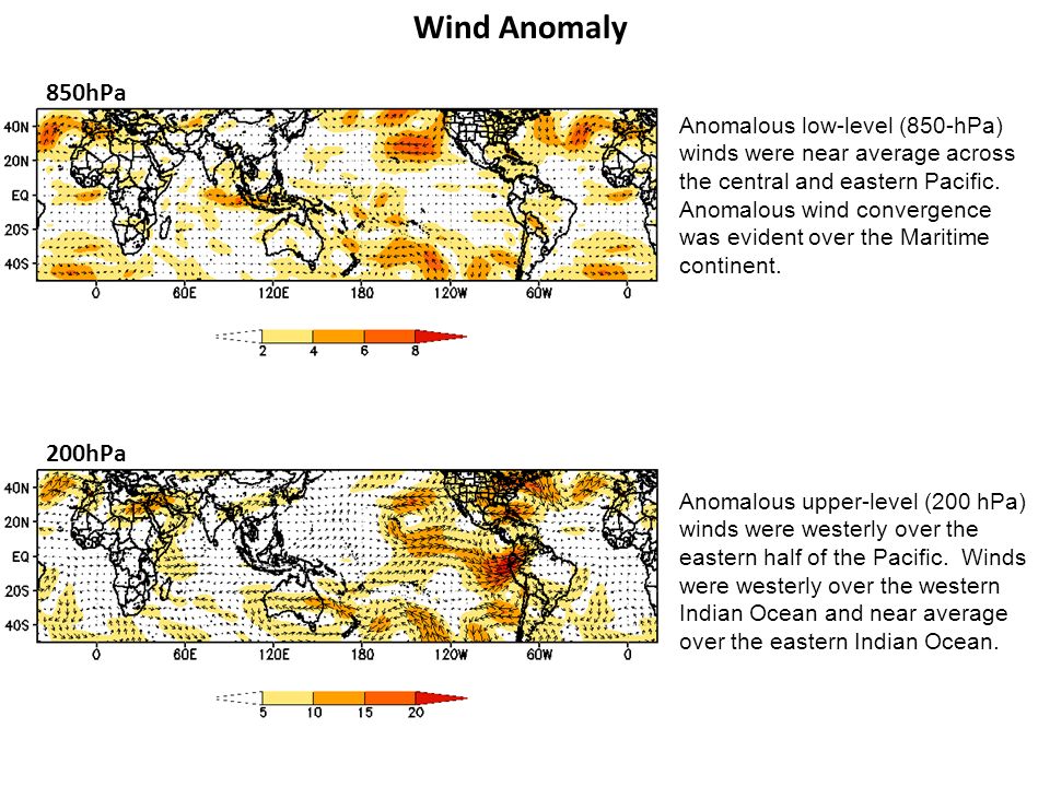 200hPa 850hPa Wind Anomaly Anomalous low-level (850-hPa) winds were near average across the central and eastern Pacific.