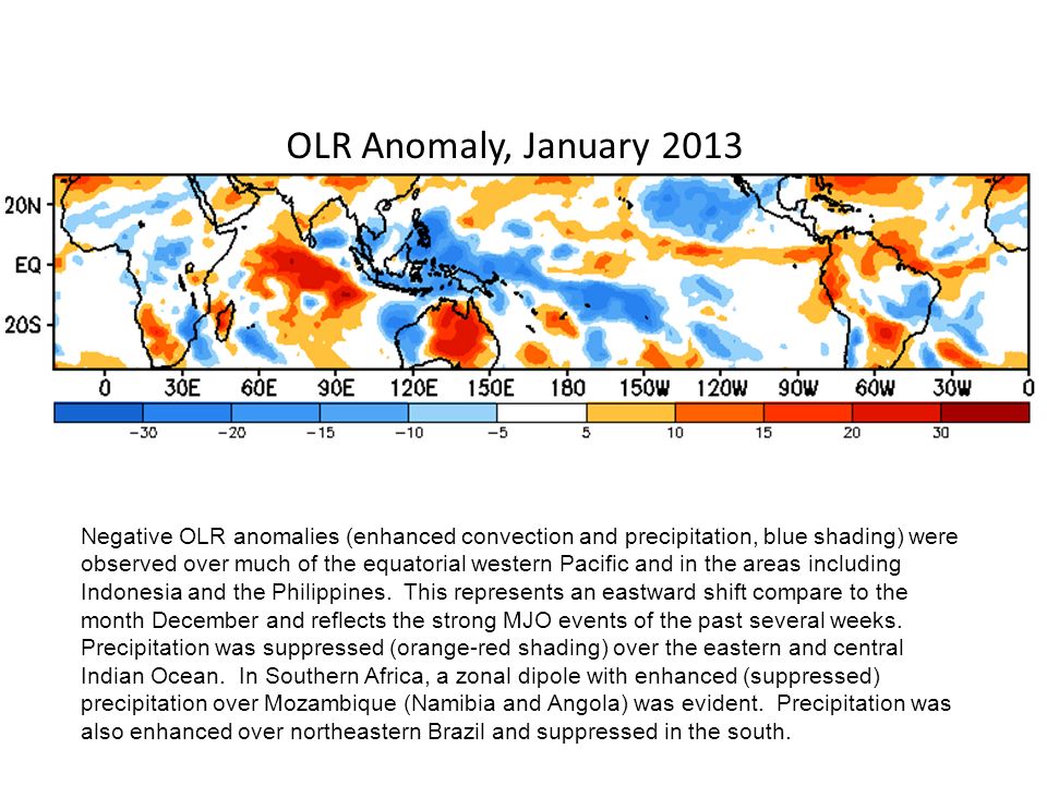 OLR Anomaly, January 2013 Negative OLR anomalies (enhanced convection and precipitation, blue shading) were observed over much of the equatorial western Pacific and in the areas including Indonesia and the Philippines.