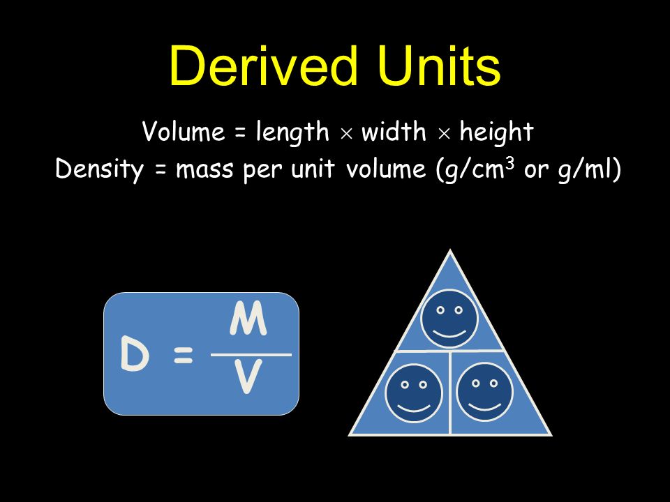 Derived Units Volume = length  width  height Density = mass per unit volume (g/cm 3 or g/ml) D = MVMV D M V