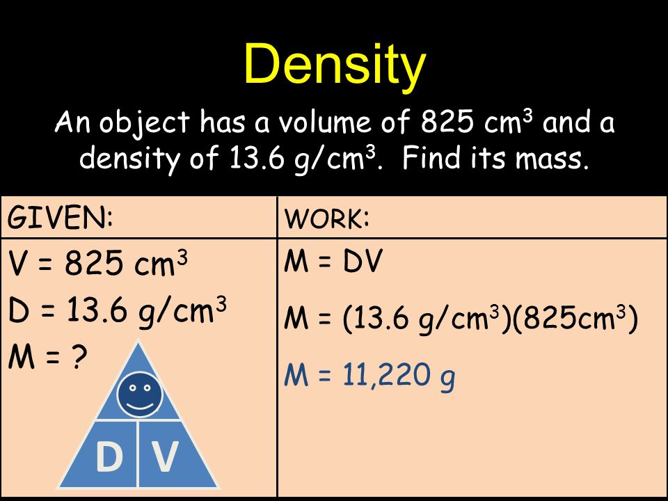 Density An object has a volume of 825 cm 3 and a density of 13.6 g/cm 3.